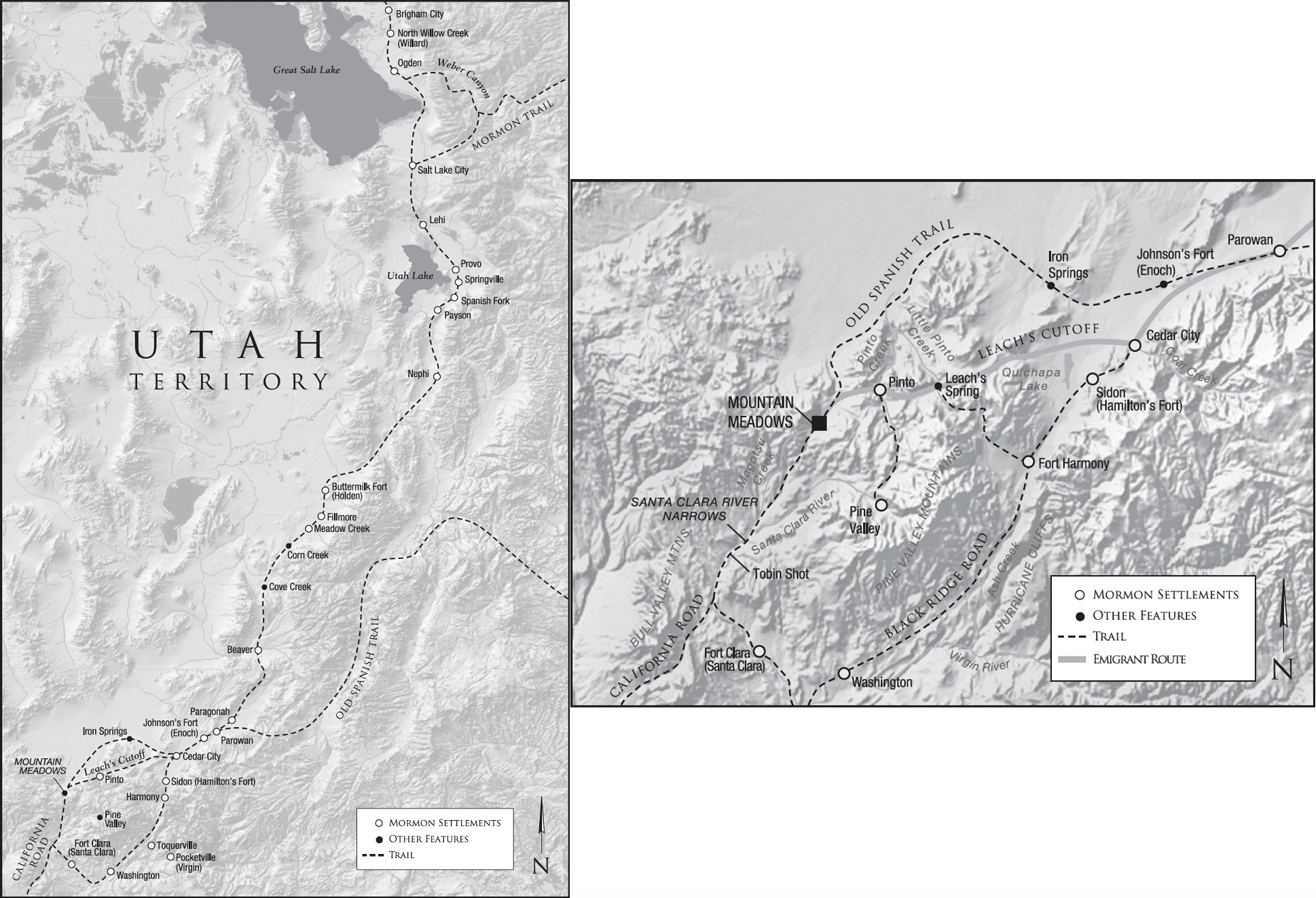 Map of Utah Territory (left) and the area in Southern Utah around the site of the Mountain Meadows Massacre (right). Maps by Sheryl Dickert Smith and Tom Child and printed in Massacre at Mountain Meadows (2008).