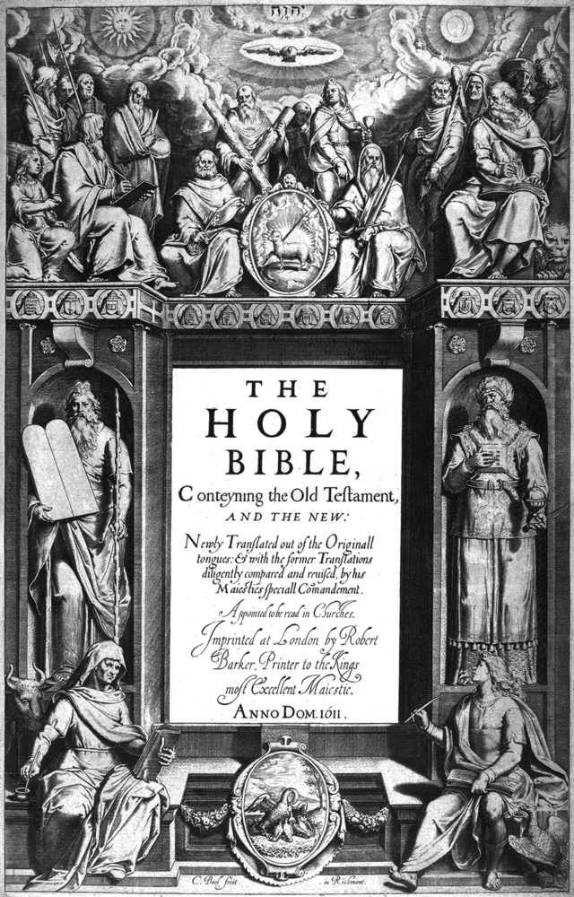 A black-and-white engraved title page of the 1611 King James Bible. The central panel prominently displays the title "The Holy Bible, Conteyning the Old Testament, and the New," along with publication details, including the printer Robert Barker and the year 1611. Surrounding the text are detailed illustrations of biblical figures, including Moses holding the Ten Commandments on the left and other prophets and apostles seated or standing. Above the title, a group of figures represents the twelve apostles, with a central medallion featuring the Lamb of God. At the very top, divine imagery includes the sun, moon, and a dove.