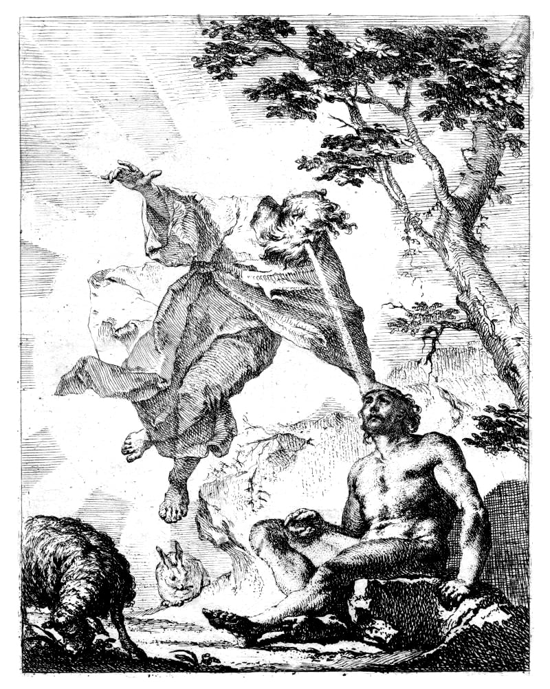 A black and white etching, ca. 1760, which shows God in the air with a hand on Adam's head, breathing life into him in the garden of eden, titled 'God Breathing Life into Adam' by Franz Xaver Karl Palko.