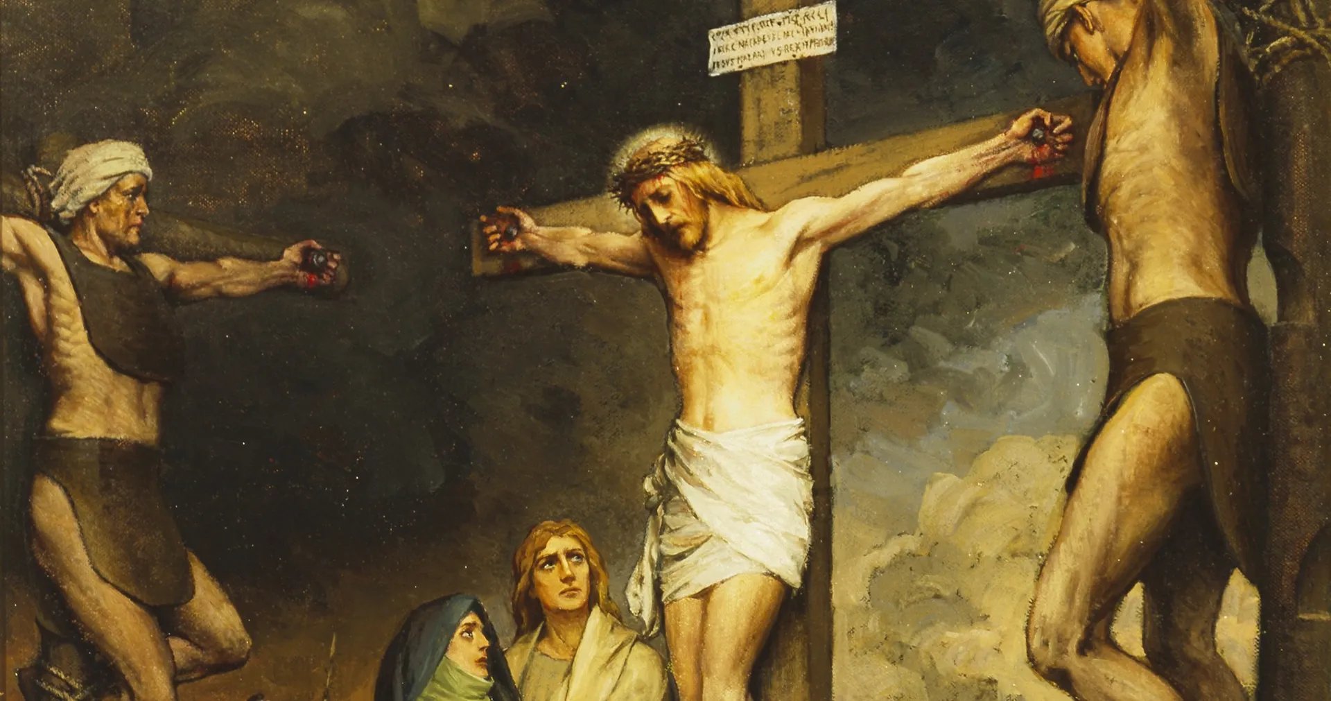 A painting depicts the crucifixion of Jesus Christ, shown at the center, nailed to the cross and crowned with thorns. Two criminals are crucified on either side of Him. Above Jesus' head is an inscription written in Latin. Below the cross, two figures, traditionally identified as Mary and John, look up at Him with sorrow.