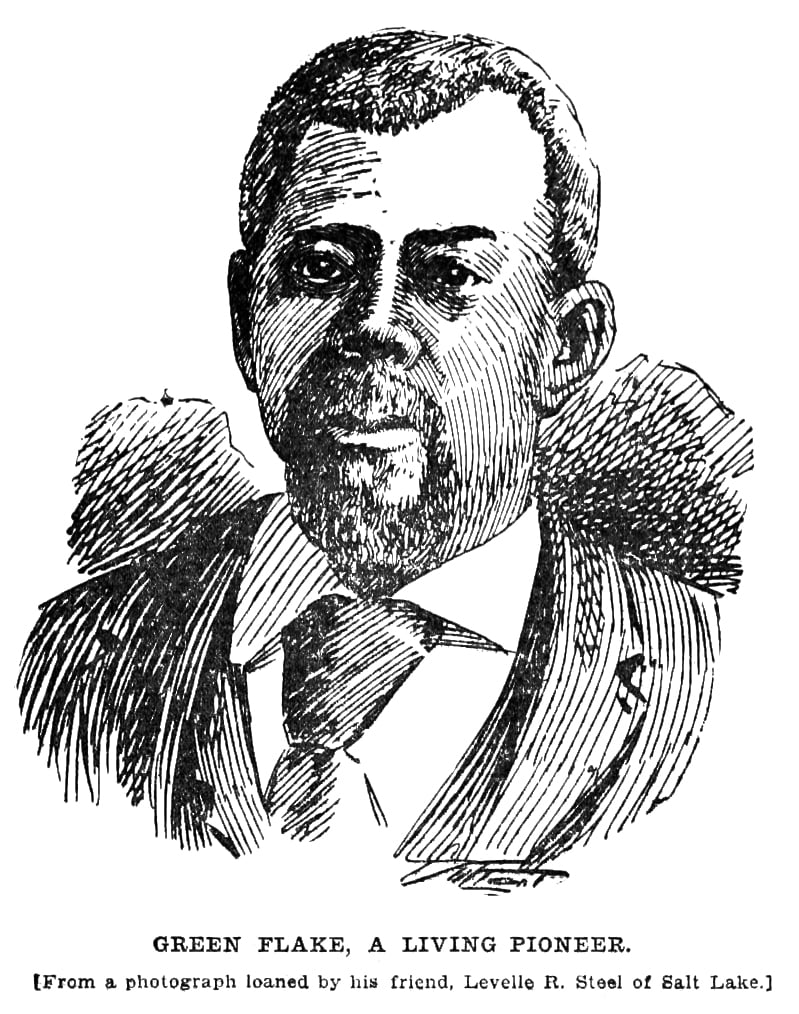 A black and white engraving of african american slave and Latter-day or Mormon Pioneer Green Flake from the 1897 Salt Lake Tribune article "Fifty Years Ago Today" with text that reads 'Green Flake, a living pioneer. [From a photograph loaned by his friend, Levelle R. Steel of Salt Lake.]