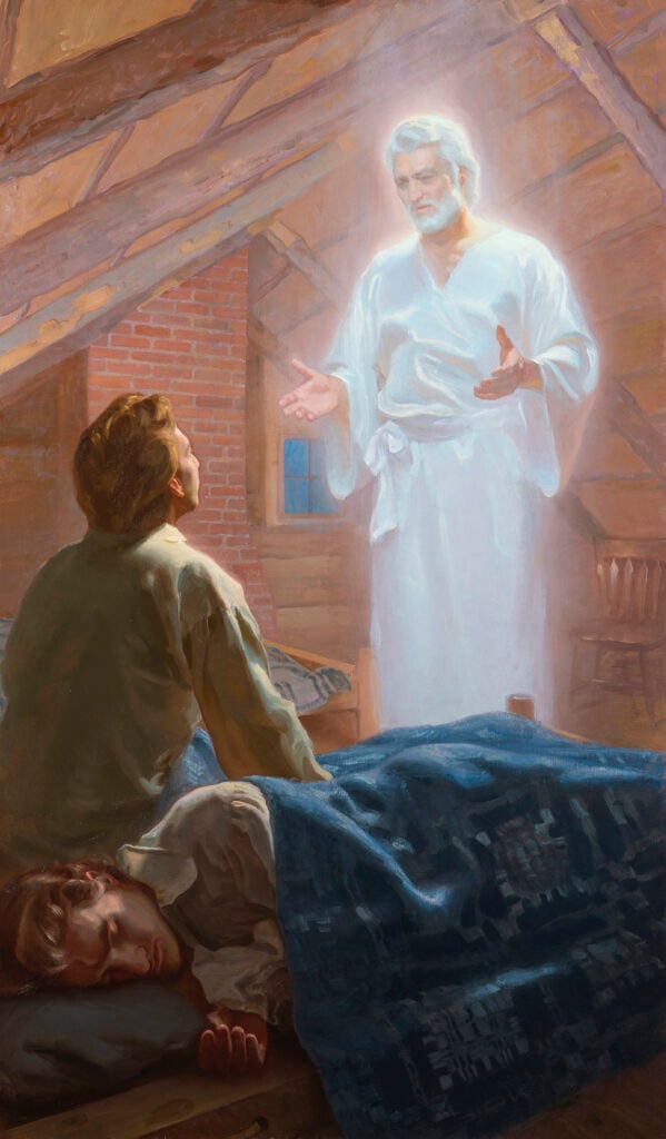 “The Angel Moroni’s First Visit” by Linda Curley Christensen, a painting showing the angel moroni visiting Joseph Smith in his small home while his brother sleeps.