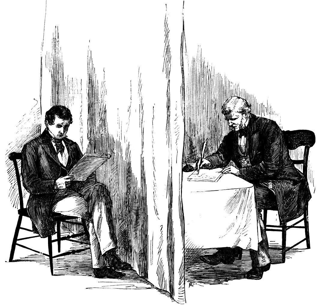 A 19th century black and white engraving of Joseph Smith translating the gold plates, while his scribe Martin Harris writes behind a curtain. 