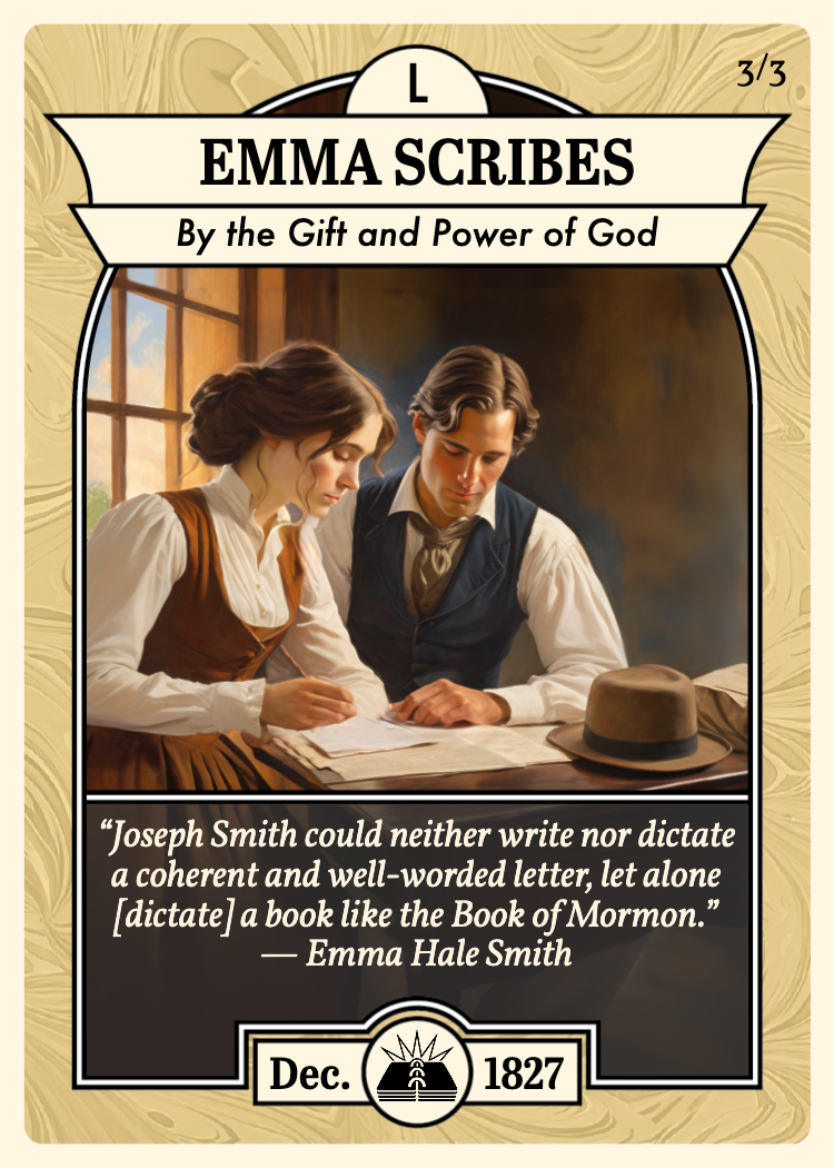 Church History Card titled "Emma Scribes" features artwork of Emma and Joseph Smith sitting at a table working on the Book of Mormon translation.