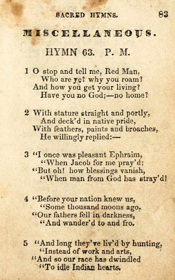 Page 83 from an early Latter-day Saint hymnal showing “Hymn 63, P.M.” with lyrics addressing Native Americans, reflecting 19th-century LDS views.
