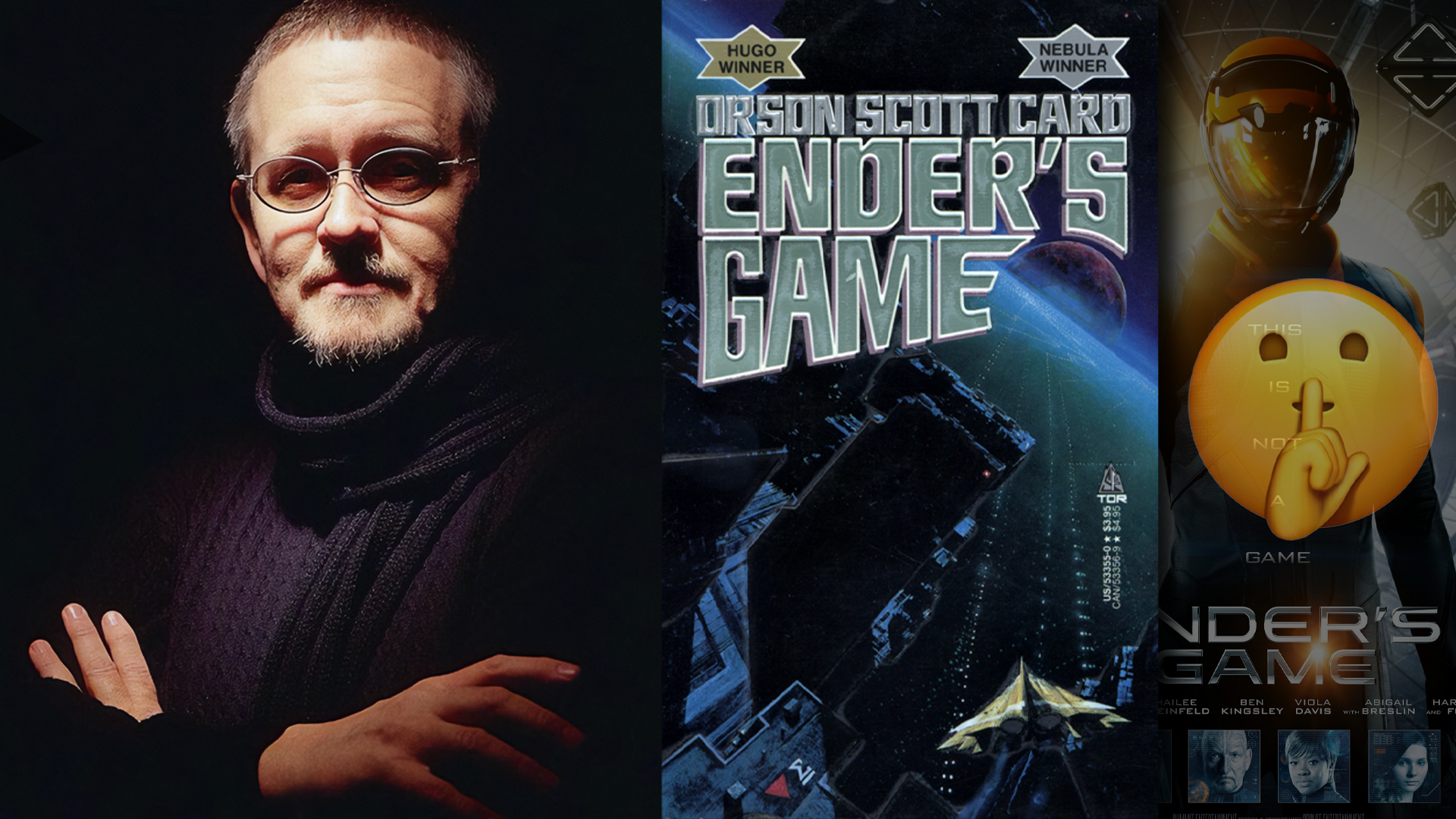 A digital collage featuring author Orson Scott Card alongside elements from his novel Ender’s Game. On the left, Orson Scott Card is shown wearing glasses and a dark turtleneck sweater, posing with his arms crossed against a dark background. In the center, the cover of Ender’s Game features a spaceship floating above a futuristic space station with the title in bold metallic lettering and badges indicating its Hugo and Nebula Award wins. On the right, a partially obscured movie poster from the Ender’s Game film adaptation shows a figure in a futuristic helmet, with a large 'shushing face' emoji overlaid on top, partially covering the text.