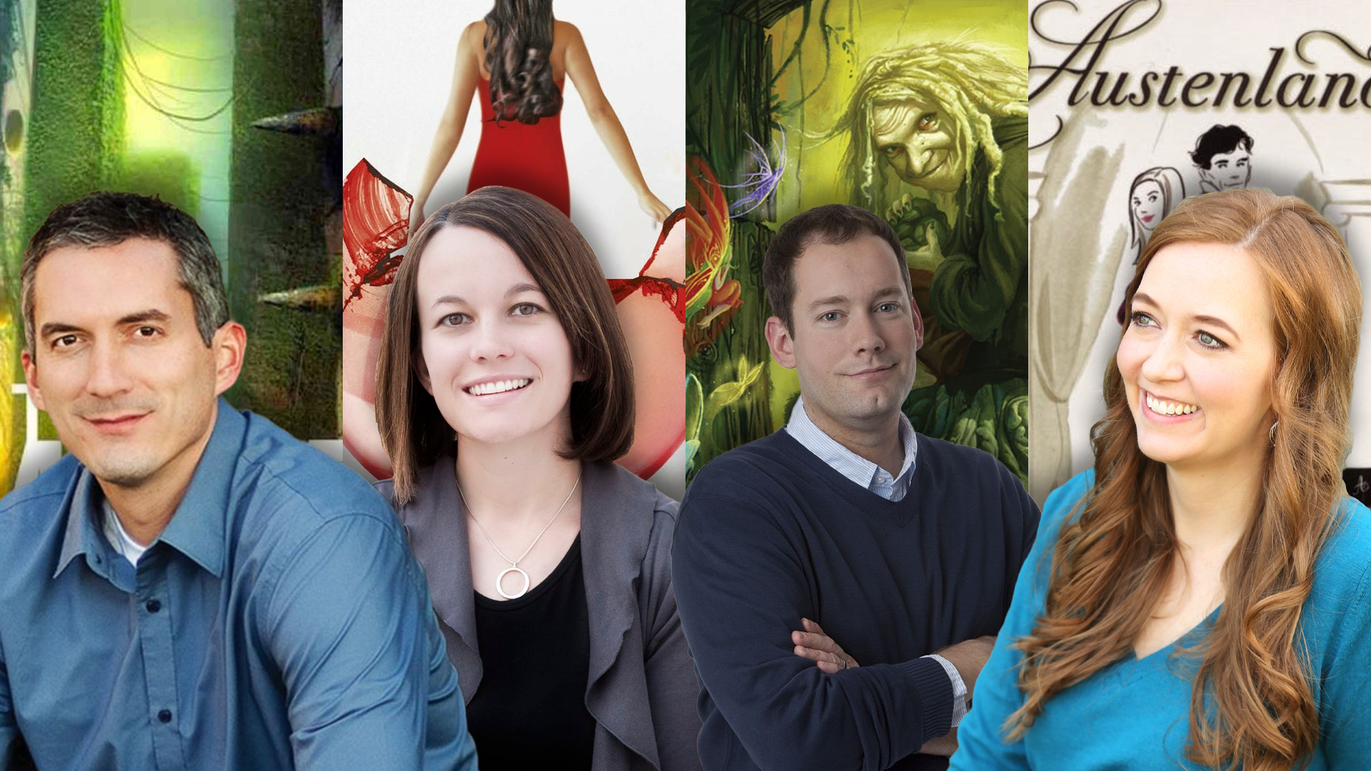 A digital collage featuring four authors in front of backgrounds inspired by their respective book covers. From left to right: James Dashner, wearing a blue shirt, sits in front of a green-toned background featuring towering structures from his book The Maze Runner. Next, Ally Condie, with short brown hair and a gray jacket, smiles against a background featuring a red dress, representing her book Matched. Brandon Mull, wearing a navy sweater with arms crossed, stands in front of a fantasy-inspired background featuring a mystical old woman from his book Fablehaven. Lastly, Shannon Hale, in a blue top with long, wavy brown hair, smiles in front of a sepia-toned background with illustrated figures and the title Austenland.