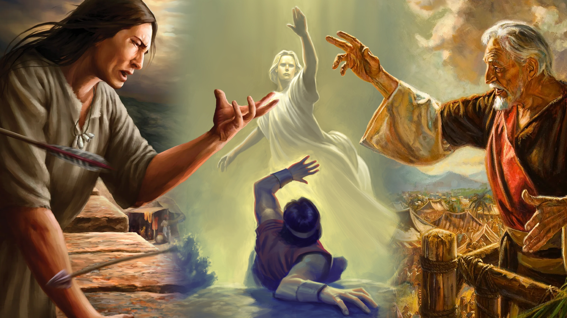 A digitally painted collage-style image depicting three distinct biblical or scriptural scenes. On the left, a wounded man with long hair and a distressed expression clutches his chest where arrows have struck him. In the center, a glowing, angelic figure in white reaches out with one hand toward a man below, who appears to be overwhelmed, his arms outstretched as he falls back. On the right, an elderly man with a white beard and flowing robes extends his hand outward while standing on a wooden platform overlooking a bustling tent-filled encampment.