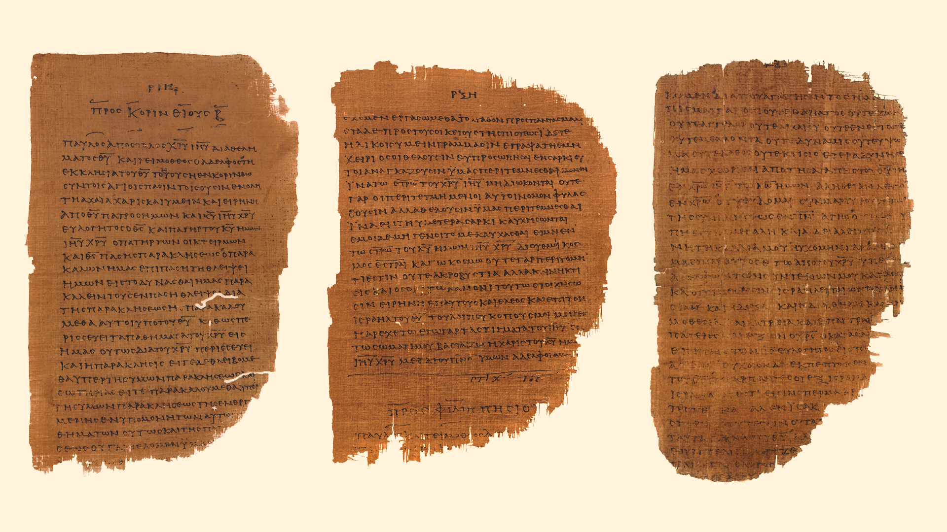 Three fragments of ancient Greek manuscripts displayed side by side on aged papyrus. Each fragment contains multiple lines of handwritten Greek text in dark ink. The papyrus is worn and torn around the edges, with varying degrees of damage and missing sections, especially along the borders. The central fragment features a visible title and a more complete body of text, while the other two show greater deterioration. The background is a neutral beige color.