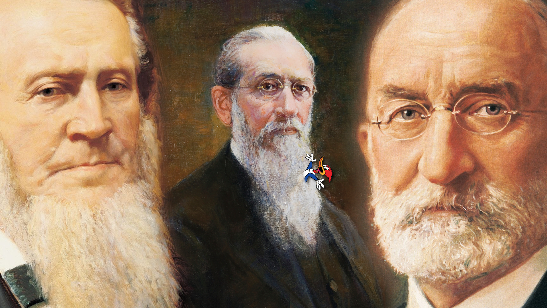 Alt text: A digitally altered painting featuring three older men with long white beards and serious expressions, all wearing suits and glasses. In the center figure’s beard, there is a small cartoon character, Woody Woodpecker, humorously embedded into the image. The background is a traditional oil painting style with muted tones.
