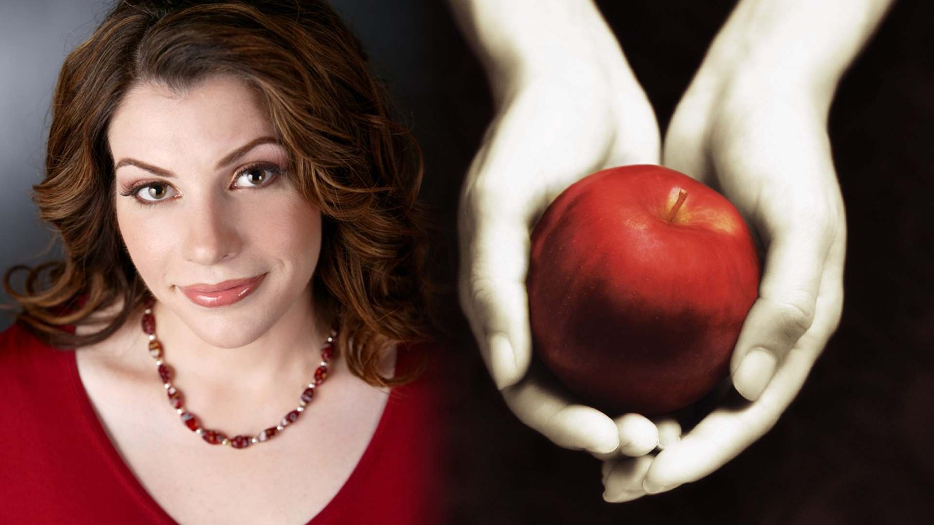 A digital collage featuring author Stephenie Meyer alongside the cover of her novel Twilight. On the left, Stephenie Meyer is shown wearing a red top and a beaded necklace, with wavy brown hair and a soft smile. On the right, the Twilight book cover displays a pair of pale hands cradling a vibrant red apple against a dark background.