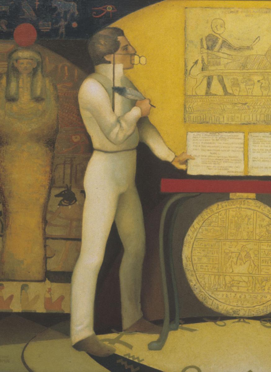 The painting 'The Prophet and the Critic,' a depiction of Joseph Smith using the Urim & Thummim surrounded by Egyptian artifacts from the Book of Abraham, by Gary Earnest Smith.