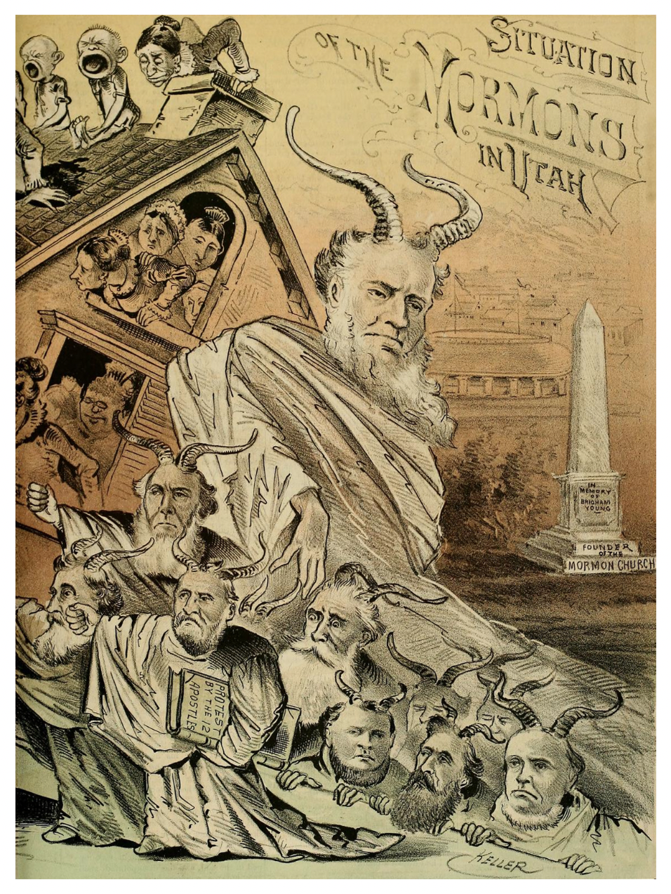 A political cartoon that portrays Brigham Young with large horns, along with other church leaders similarly depicted with horns. Women and children are shown crowded into a house. The background features a monument labeled "Founder of the Mormon Church" near a large government-style building. The text "Situation of the Mormons in Utah" is displayed at the top.