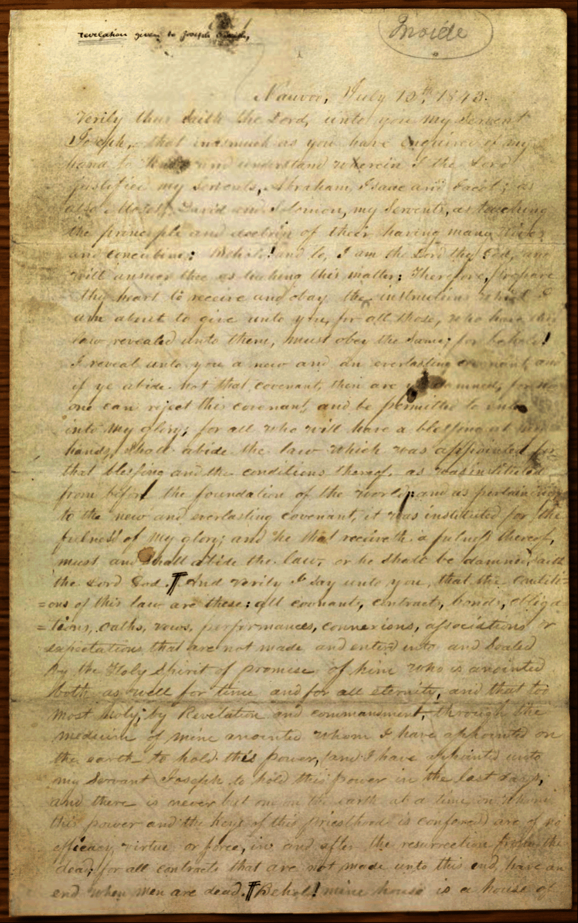 A historical handwritten document from July 12, 1843, featuring faded ink and aged paper. The text is difficult to read due to wear and discoloration, with some words underlined and a notation at the top indicating it is a revelation given to Joseph Smith. The page has visible stains and smudges.