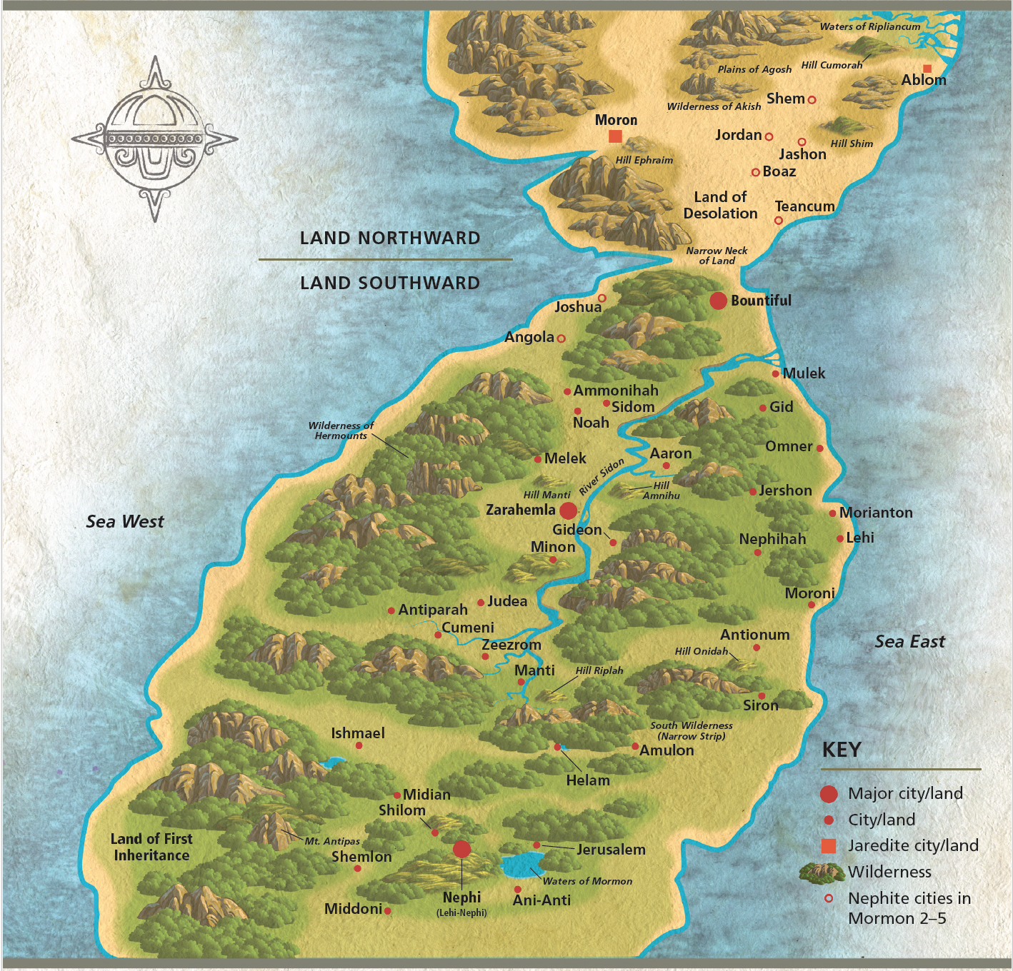 A stylized map of the Book of Mormon lands showing the “Land Northward” and “Land Southward” separated by a narrow neck of land. The map labels major rivers, wildernesses, hills, and seas (Sea West and Sea East). Cities and lands are marked with red dots, including Zarahemla, Bountiful, Moroni, Nephi, Cumeni, Manti, Gideon, and others. Jaredite cities such as Moron and Shem are shown in the Land Northward. A key indicates symbols for major city/land, city/land, Jaredite city/land, wilderness, and Nephite cities in Mormon chapters 2–5.
