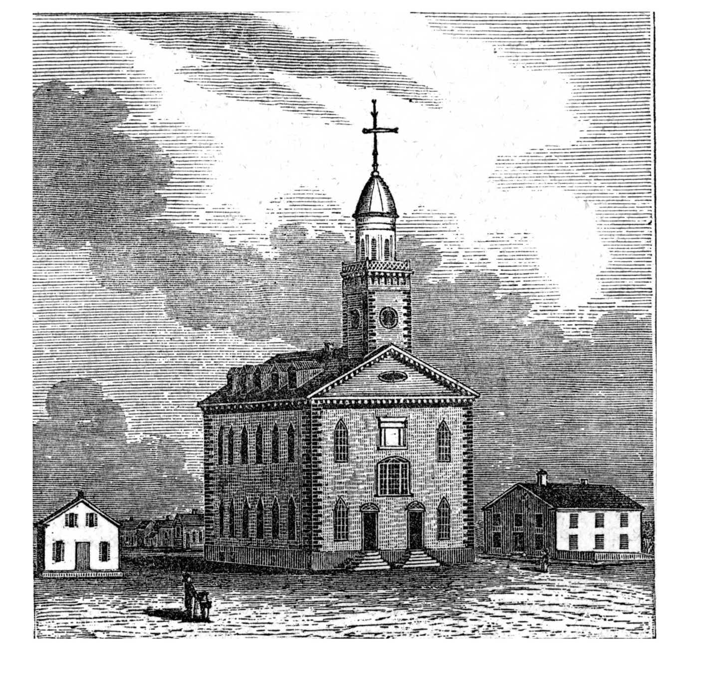 An 1846 black and white engraved image of the "old mormon banking house" (probable home of the Kirtland Safety Society Anti-Banking Company) and the Kirtland temple by Henry Howe in his book "Historical Collections of Ohio."