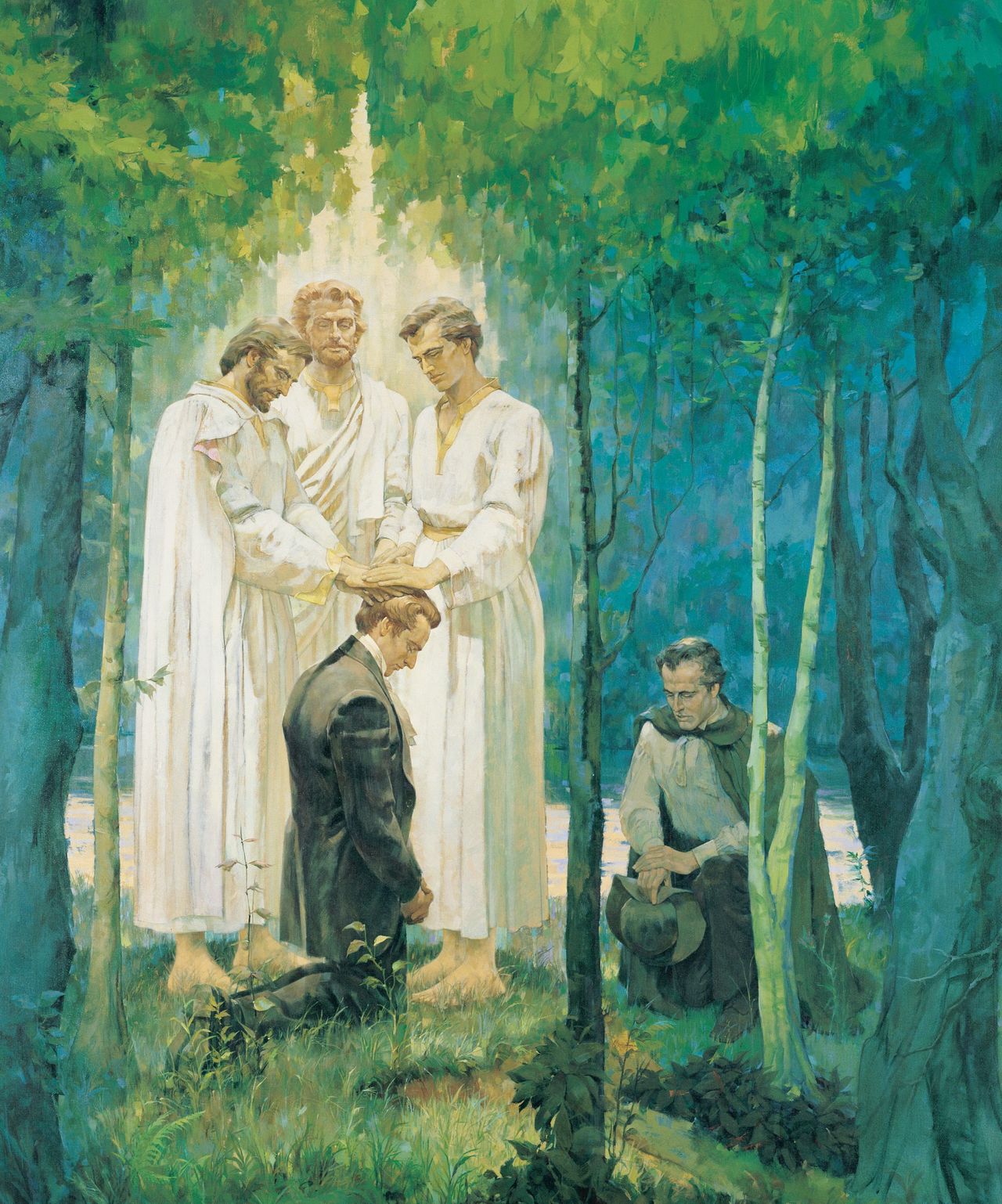 Painting depicting three heavenly figures in white robes placing their hands on the head of a kneeling man in a dark suit. Another man, dressed in pioneer clothing with a cloak, kneels nearby, holding his hat. The scene takes place in a forest clearing, with light streaming down from above.