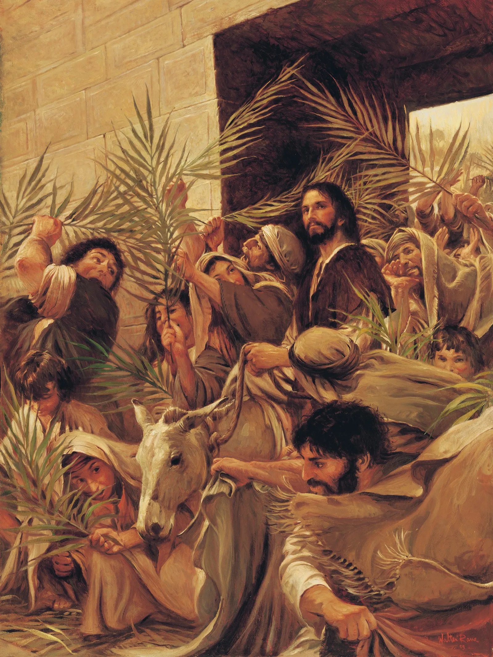 A painting of Jesus' triumphal entry into Jerusalem. Jesus, depicted with a calm, solemn expression, rides a donkey through a stone gate surrounded by a crowd. People eagerly wave palm branches and lay garments on the ground before Him. The scene is full of movement and emotion, with rich earthy tones highlighting the energy of the crowd. The artist’s signature, "Walter Rane 03," is visible in the lower right corner.