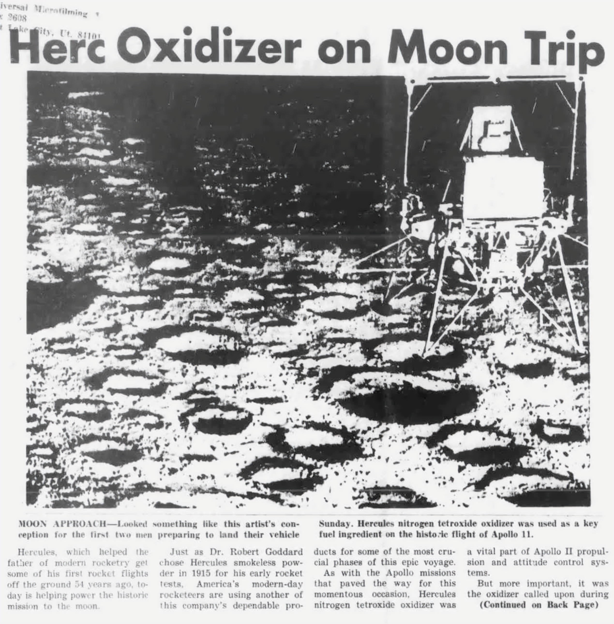 A black-and-white newspaper clipping featuring an artist's rendering of the Moon’s surface with an Apollo Lunar Module in the background. The headline reads: “Herc Oxidizer on Moon Trip.” The accompanying article discusses how Hercules nitrogen tetroxide oxidizer was used as a key fuel ingredient during the historic Apollo 11 lunar mission. The text highlights Hercules’ contributions to rocketry, dating back to early 20th-century experiments by Dr. Robert Goddard.