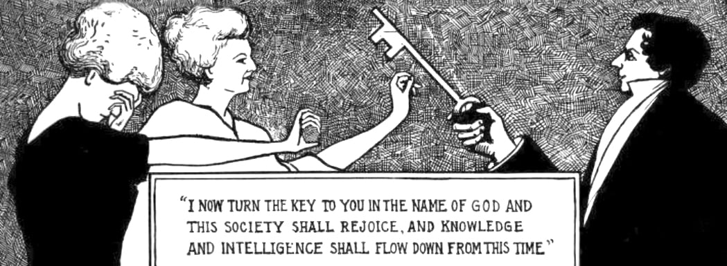 a black and white ink illustration by Joseph A F Averett for the March 1936 issue of the Relief Society Magazine, of two women, one covering her face, accepting a large symbolic key from the latter-day saint mormon prophet joseph smith. text on the image reads "I now turn the key to you in the name of God and this society shall rejoice, and knowledge and intelligence shall flow down from this time"