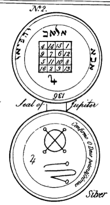Illustration of a “Seal of Jupiter” from Francis Barrett’s The Magus (1801), showing a circular talisman with Hebrew letters, a planetary number grid, astrological symbols, and the Latin phrase “Confirmo O Deum Potentem.”