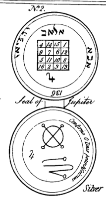 Illustration of a “Seal of Jupiter” from Francis Barrett’s The Magus (1801), showing a circular talisman with Hebrew letters, a planetary number grid, astrological symbols, and the Latin phrase “Confirmo O Deum Potentem.”