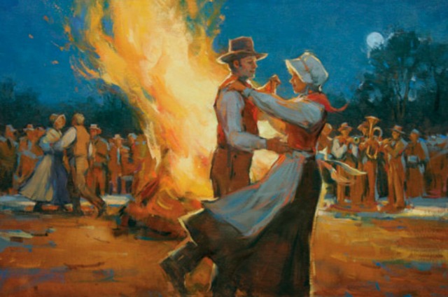 A vibrant painting of a traditional outdoor dance around a large bonfire at night. A man and woman in pioneer-style clothing dance in the foreground, illuminated by the fire’s glow. The woman wears a bonnet and long skirt, while the man wears a cowboy hat and vest. In the background, other couples dance and a brass band plays near the fire.