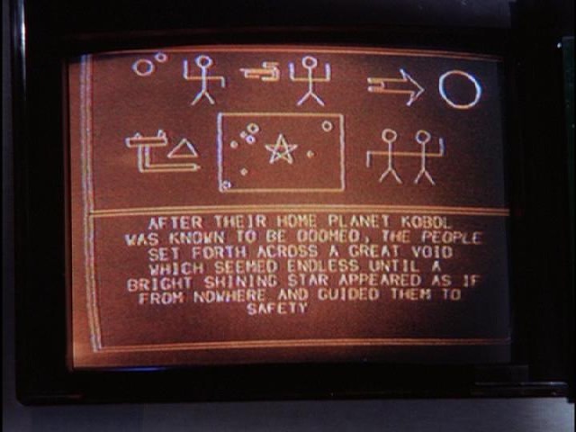 A screen display from Battlestar Galactica showing a page from the Book of the Word. The image includes stylized pictograms of human figures, symbols, and a star chart with a central star. Below the graphics is a caption describing the exodus from the doomed planet Kobol, guided by a bright shining star.