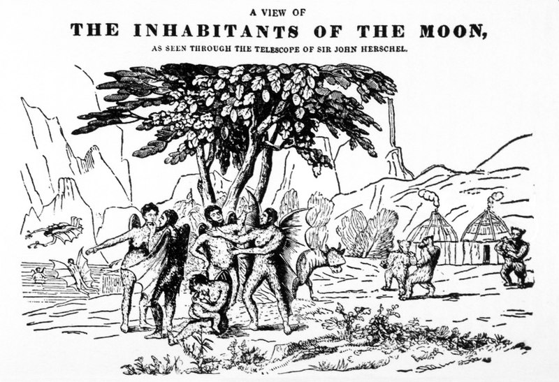 A black and white engraving titled 'A VIEW OF THE INHABITANTS OF THE MOON AS SEEN THROUGH THE TELESCOPE OF SIR JOHN HERSCHEL' depicting humanoids with bat wings conversing around a tree with bipedal beavers, a lake, and some huts in the background. 