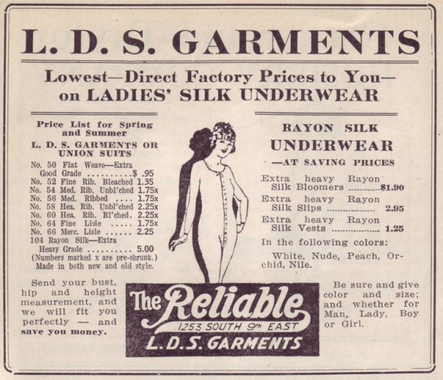 A vintage advertisement for the store The Reliable, advertising both LDS temple garments and other types of underwear.