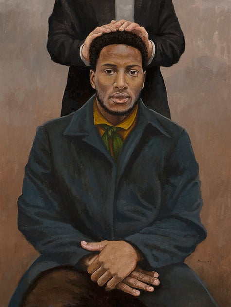 A painting by Anthony Sweat depicting Q. Walker Lewis. He is seated, wearing a dark coat over a mustard-yellow shirt with a green scarf tied at the neck. His hands are folded in his lap. Behind him, a pair of hands rests on his head. The background is muted brown.
