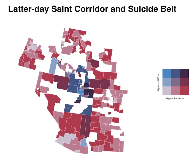 Geographical representation of the Suicide belt and the Latter-day Saint corridor by county. Each county is colored from a pale to a bright red to depict how high the suicide rates are in that county. There is a range from pale to bright blue for higher Latter-day Saint percentage of the population in a county. Counties also range from pale to dark purple depending on the mixture and concentration of both suicide rates and Latter-day Saint population percentage.