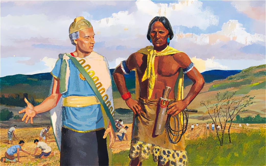 a painting from the 1978 Book of Mormon stories, or The book of Mormon Reader, Illustrated by Jerry Thompson and Robert T. Barrett, of a white Nephite man named Amulon standing next to an unnamed brown Lamanite king, showing racial elements of the Book of Mormon, based on Mosiah 24.