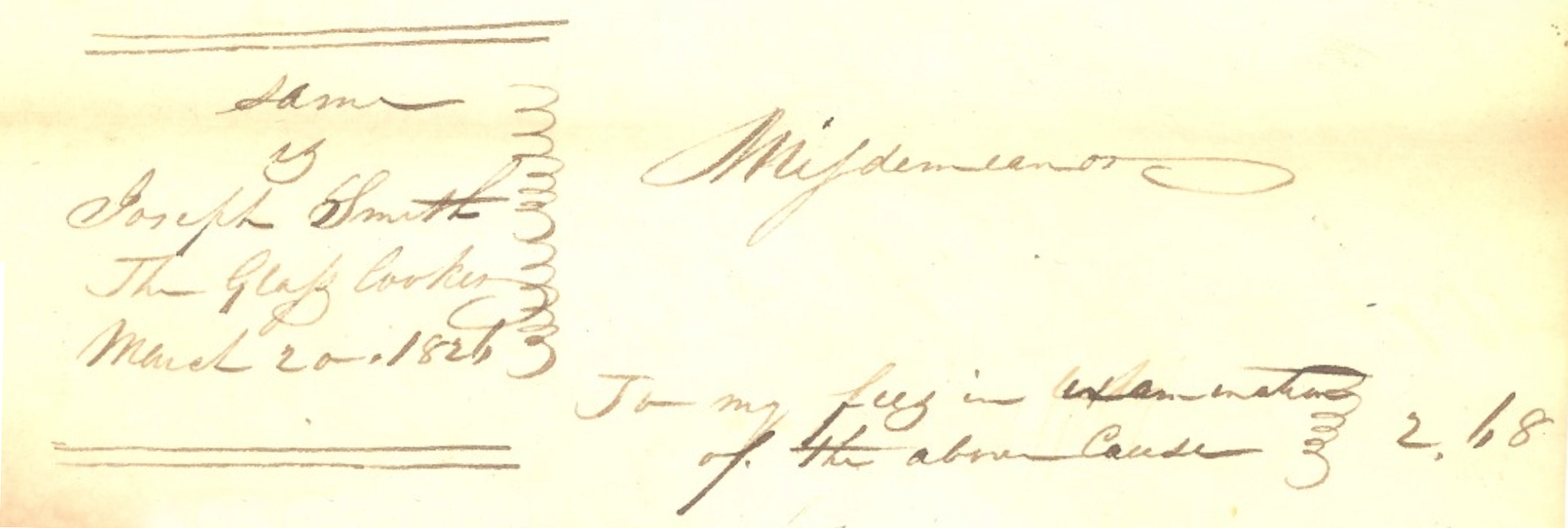 A yellowed document with brown handwriting for an examination fee bill by Judge Albert Neely for a misdemeanor against Joseph Smith The Glass Looker for a total of $2.68