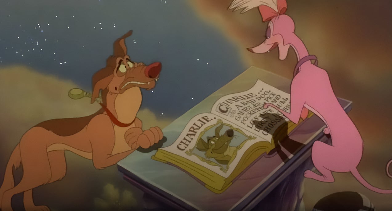a still of the 1989 movie All Dogs Go to Heaven by Latter-day Saint (Mormon) director Don Bluth, where the ghost spirit of charlie the dog meets the pink angel dog Annabelle at the gates of heaven, who looks over the deeds of his life in a large book.