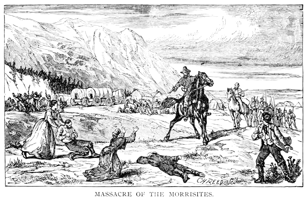 A black and white engraving depicting the Mountain Meadows Massacre from the 1900 book Grandest Century in the World's History featuring a western scene where mormon men with rifles and pistols shoot men and women in front of covered wagons and mountains.
