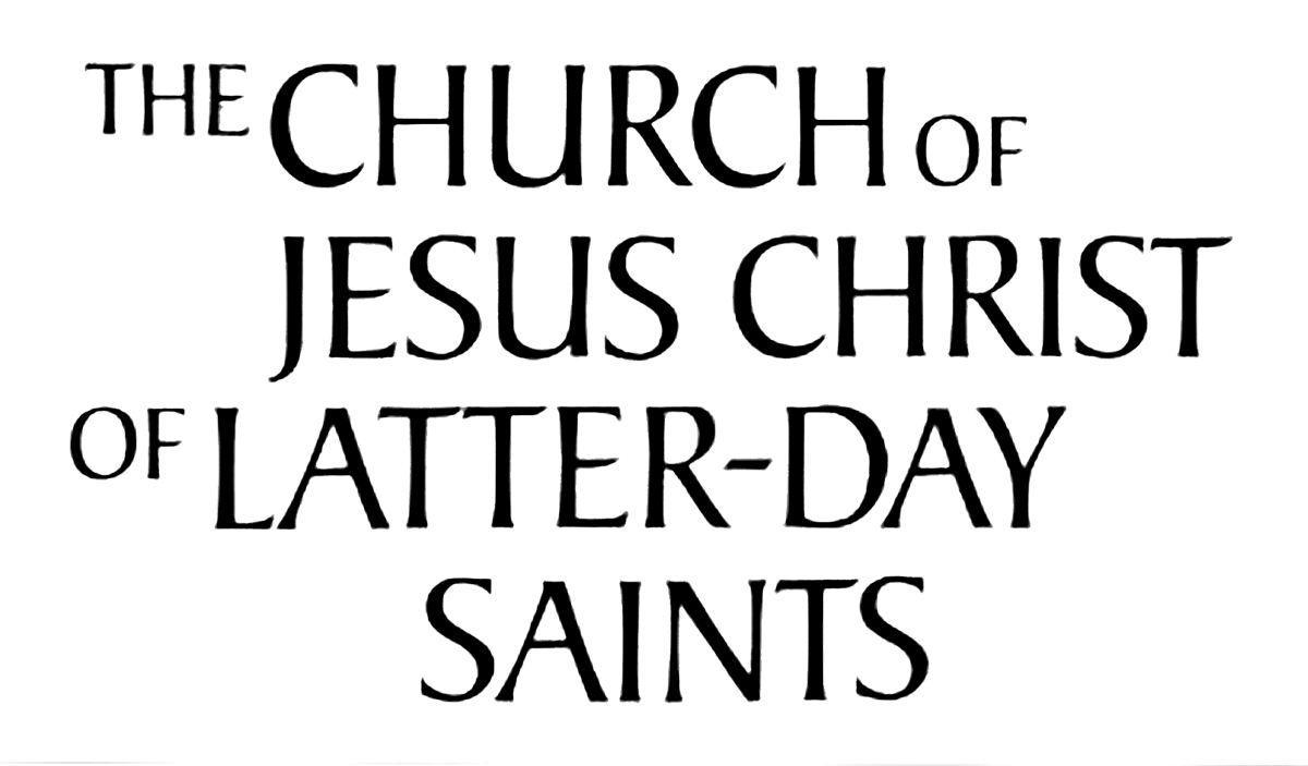 1976 wordmark of The Church of Jesus Christ of Latter-day Saints featuring a stacked, hand-rendered serif typeface with uneven stroke widths.