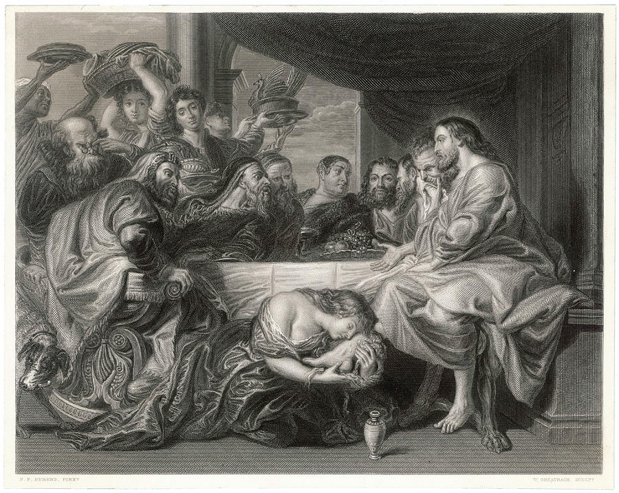 An engraving of Mary of Bethay washing and anointing Jesus's feet from the New Testament of the Bible.