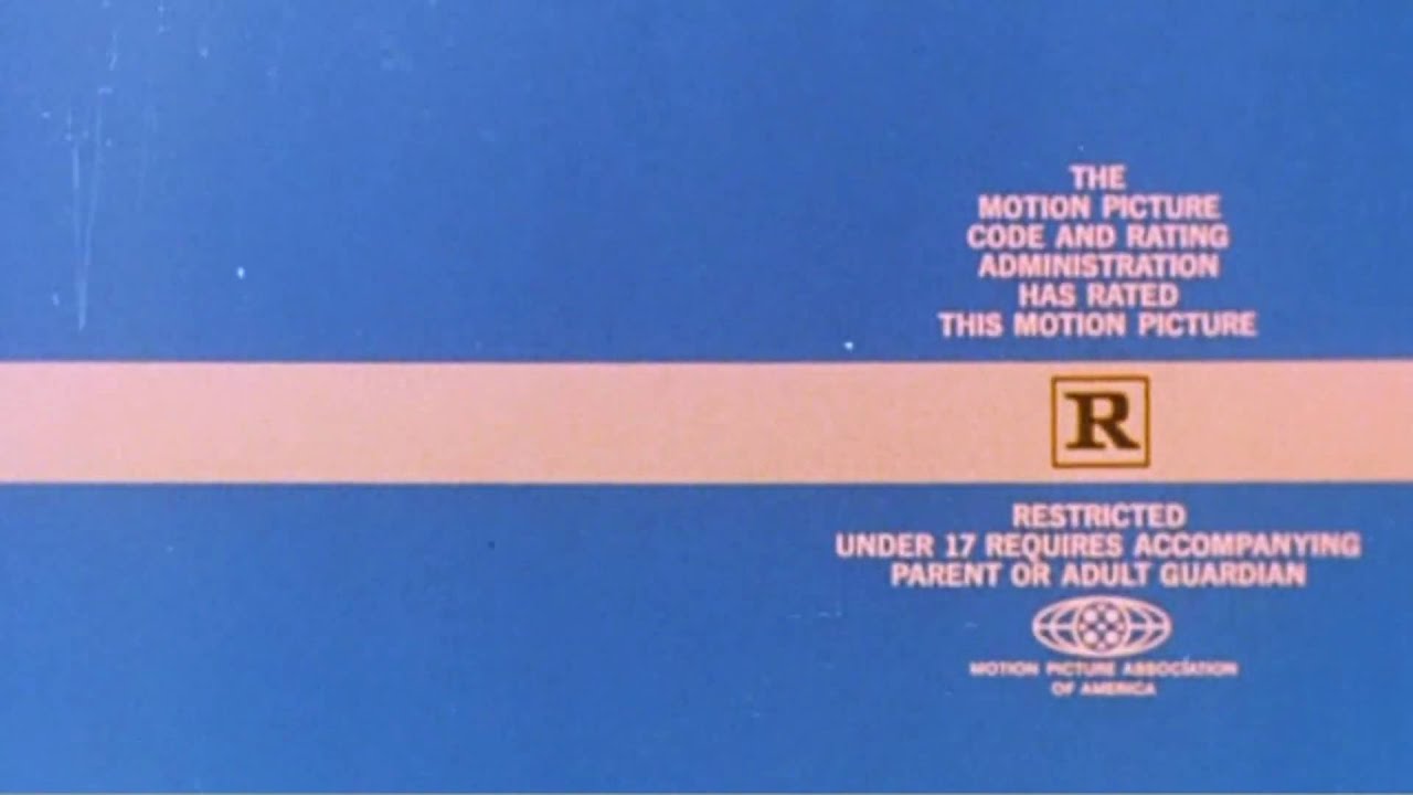 An MPAA warning still from before a movie, circa 1970s, when Latter-day Saint prophets and leaders cautioned members against viewing R-rated movies, blue with white writing.