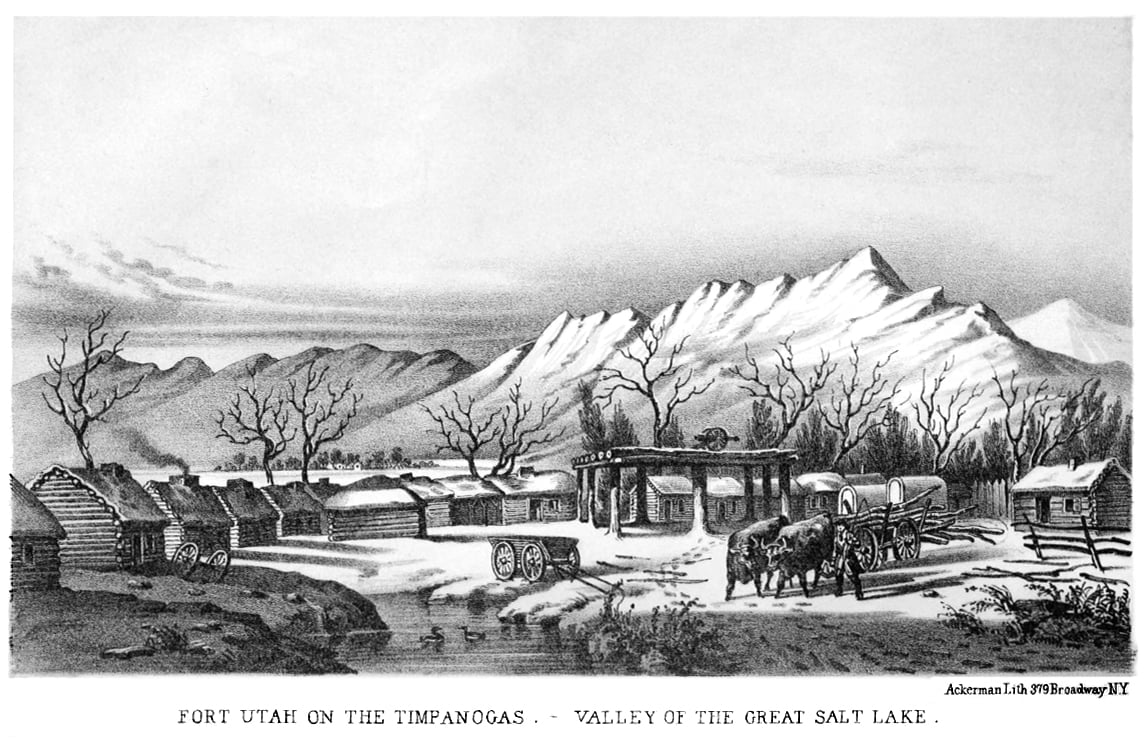 A black and white illustration of several log buildings in the snow that made up Fort Utah, with the Timpanogos Mountains in the background, present day Provo, the site where Mormon settlers battled with the native Timpanogas tribe.
