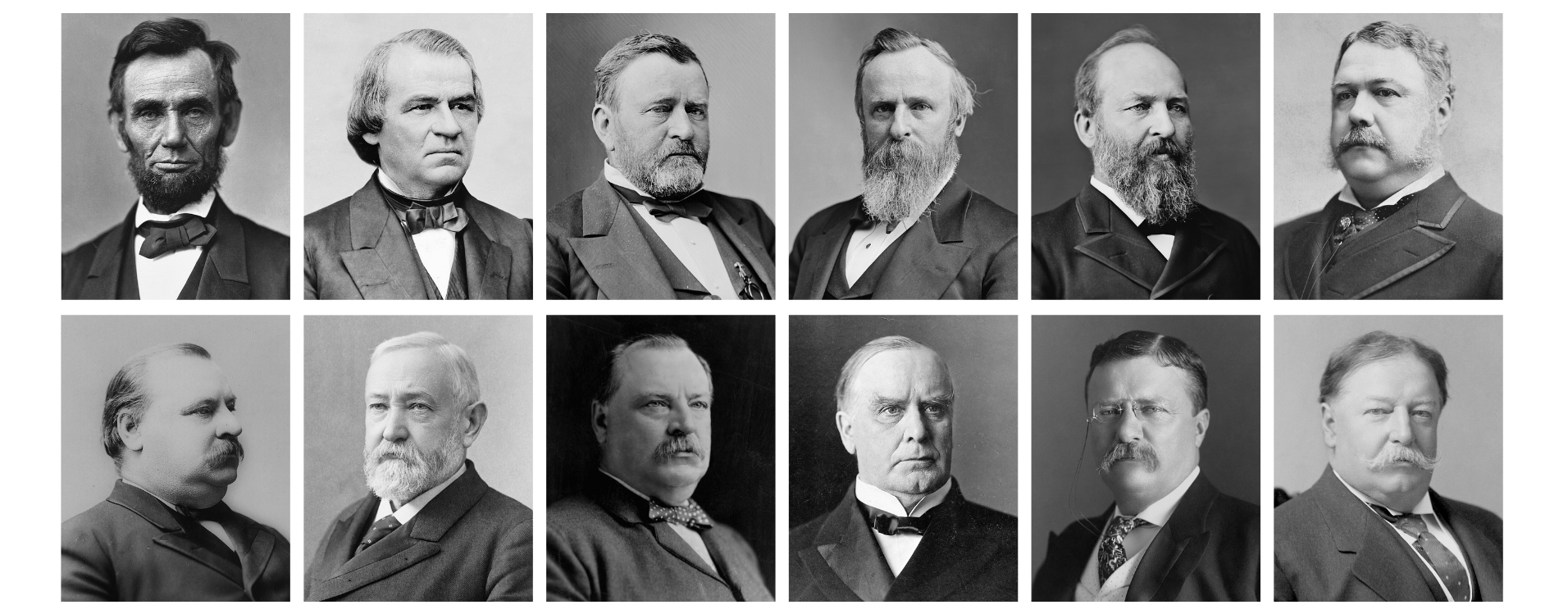 A black-and-white collage of official portrait photographs of twelve U.S. Presidents from the late 19th to early 20th centuries. All are dressed in formal attire, with various facial hair styles typical of the era.