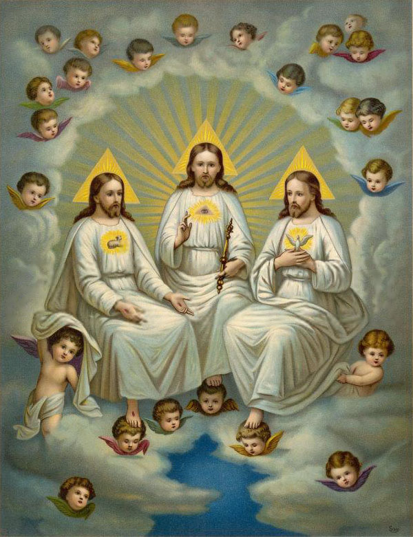 A religious painting of the Christian Trinity as three nearly identical bearded figures in white robes with triangular halos, seated on clouds. Each is identified by different symbols. They are surrounded by cherubic angels and rays of light.