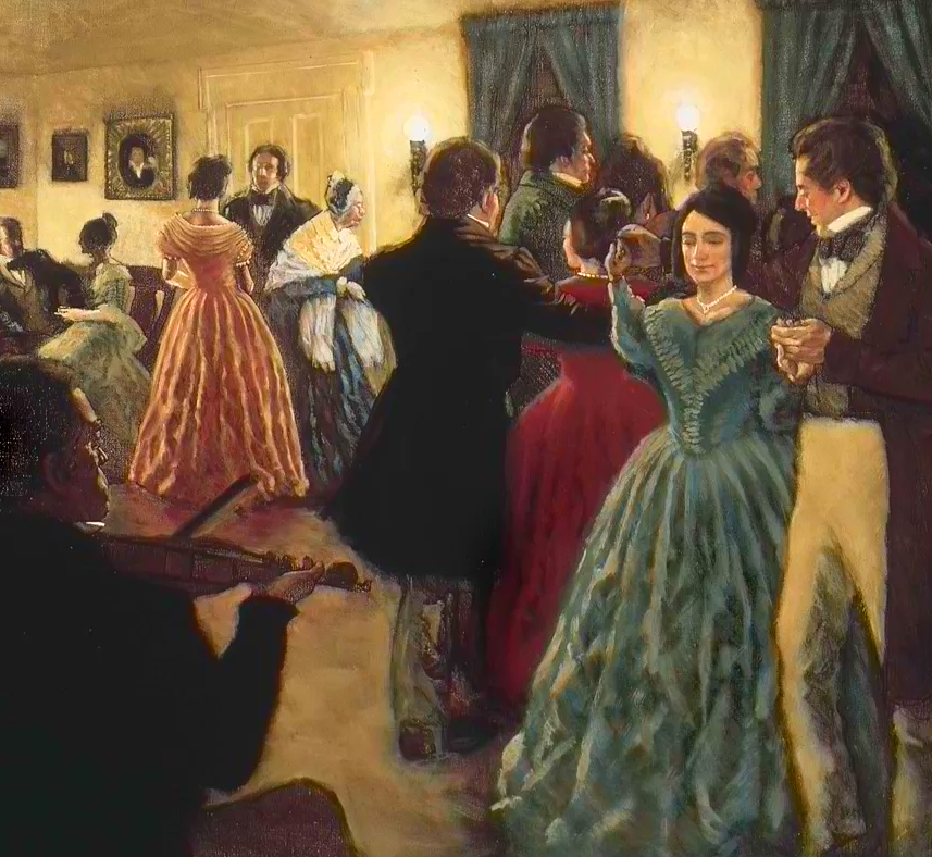 A vintage-style painting of a lively 19th-century ballroom scene. Men in formal suits and women in elegant, full-skirted gowns dance and converse under warm lighting from wall-mounted lamps. A woman in a teal dress dances with a man holding a drink in the foreground, while a violinist plays on the left. The room is adorned with blue curtains and framed portrait.