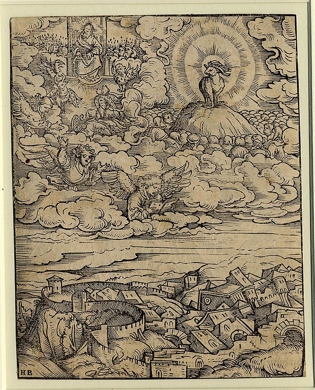 A detailed black-and-white woodcut illustration. The upper part of the image shows a radiant lamb standing on a hill, encircled by a glowing halo, with clouds and angels surrounding it. Above, a divine figure sits on a throne, surrounded by a host of heavenly beings. Two angels float in the sky, one holding an open book. Below, a medieval cityscape with tightly packed buildings, towers, and walls is visible. The initials "HB" are present in the lower-left corner.