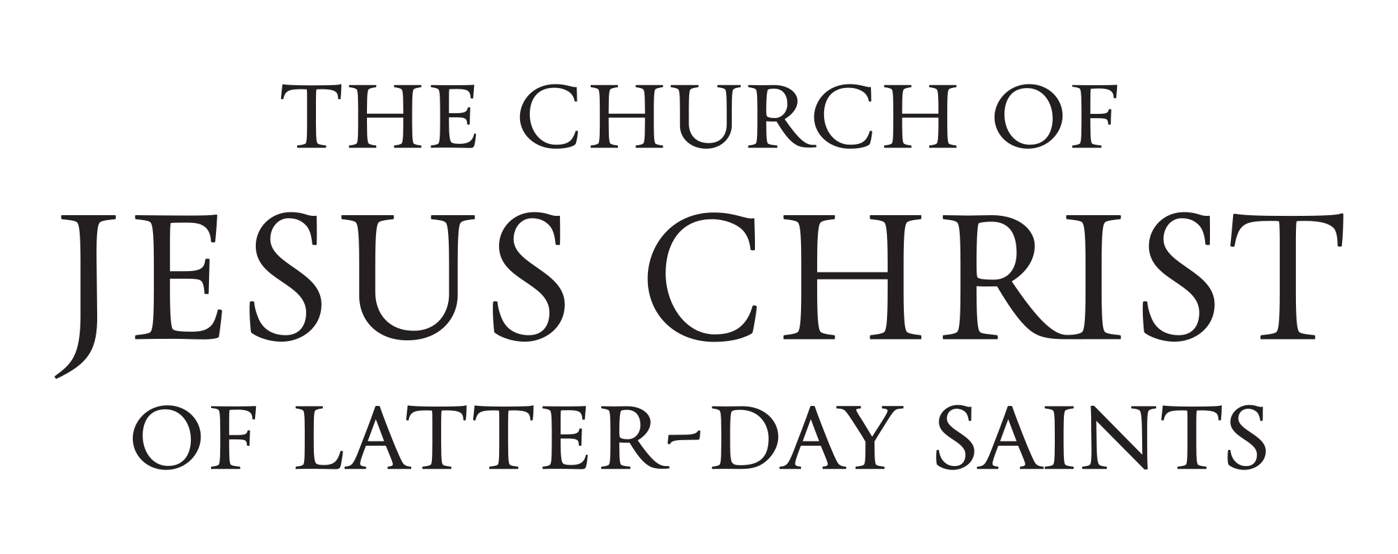 Current official logo of The Church of Jesus Christ of Latter-day Saints, featuring a three-line stacked serif typeface in black. 'Jesus Christ' appears largest in the center, emphasizing the name of the Savior, with 'The Church of' above and 'of Latter-day Saints' below.