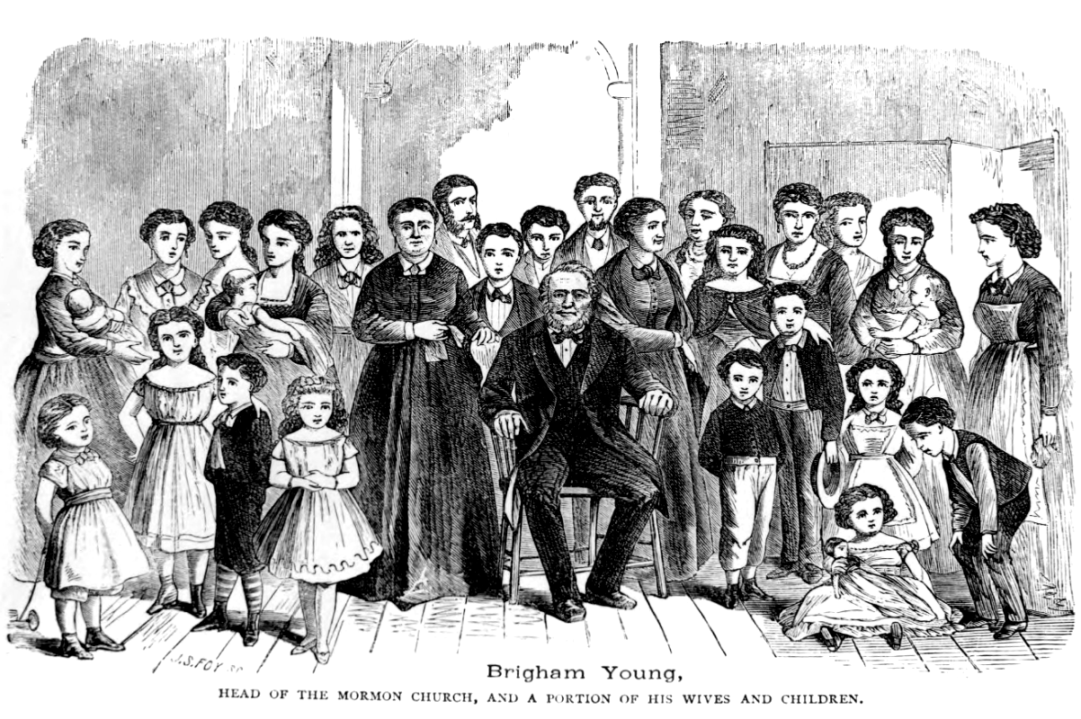 A black and white 1872 engraving by R. Guy McClellan depicting Brigham Young surrounded by his large polygamous family, from Gold State: a history of the Region west of the Rocky Mountains