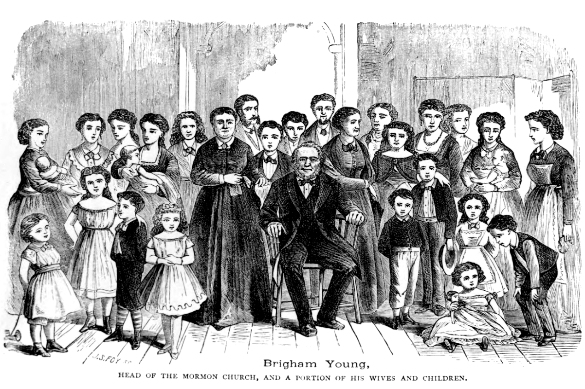 A black and white 1872 engraving by R. Guy McClellan depicting Brigham Young surrounded by his large polygamous family, from Gold State: a History of the Region West of the Rocky Mountains