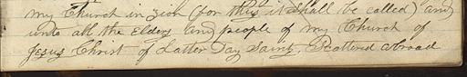 Historic manuscript excerpt in cursive script from the 1838 revelation now known as Doctrine and Covenants 115:4, containing the phrase 'Church of Jesus Christ of Latter Day Saints.'