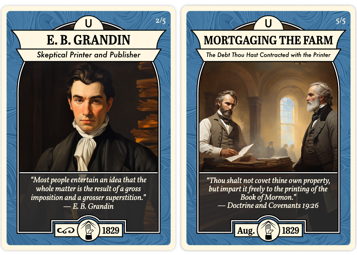 Two Church History Cards titled "E. B. Grandin" and "Mortgaging the Farm" on a neutral background.