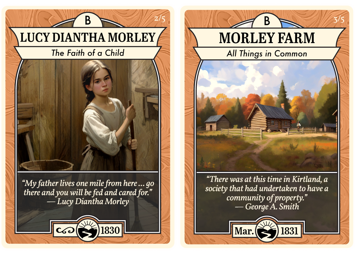 Church History Cards titled "Lucy Diantha Morley" and "Morley Farm."